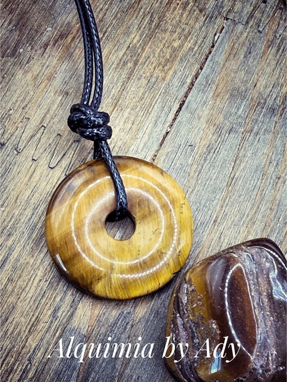 Tigerโs eye Pendant Necklace in Brown and black cord + Boho